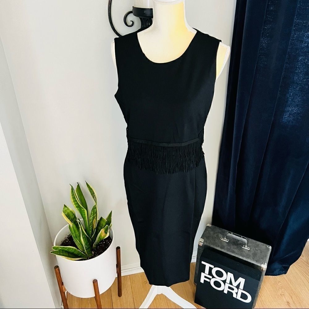 Carmen Marc Valvo Ponte Scoop‎ Neck Dress, Black Size: 10, Fringe Dress NWT